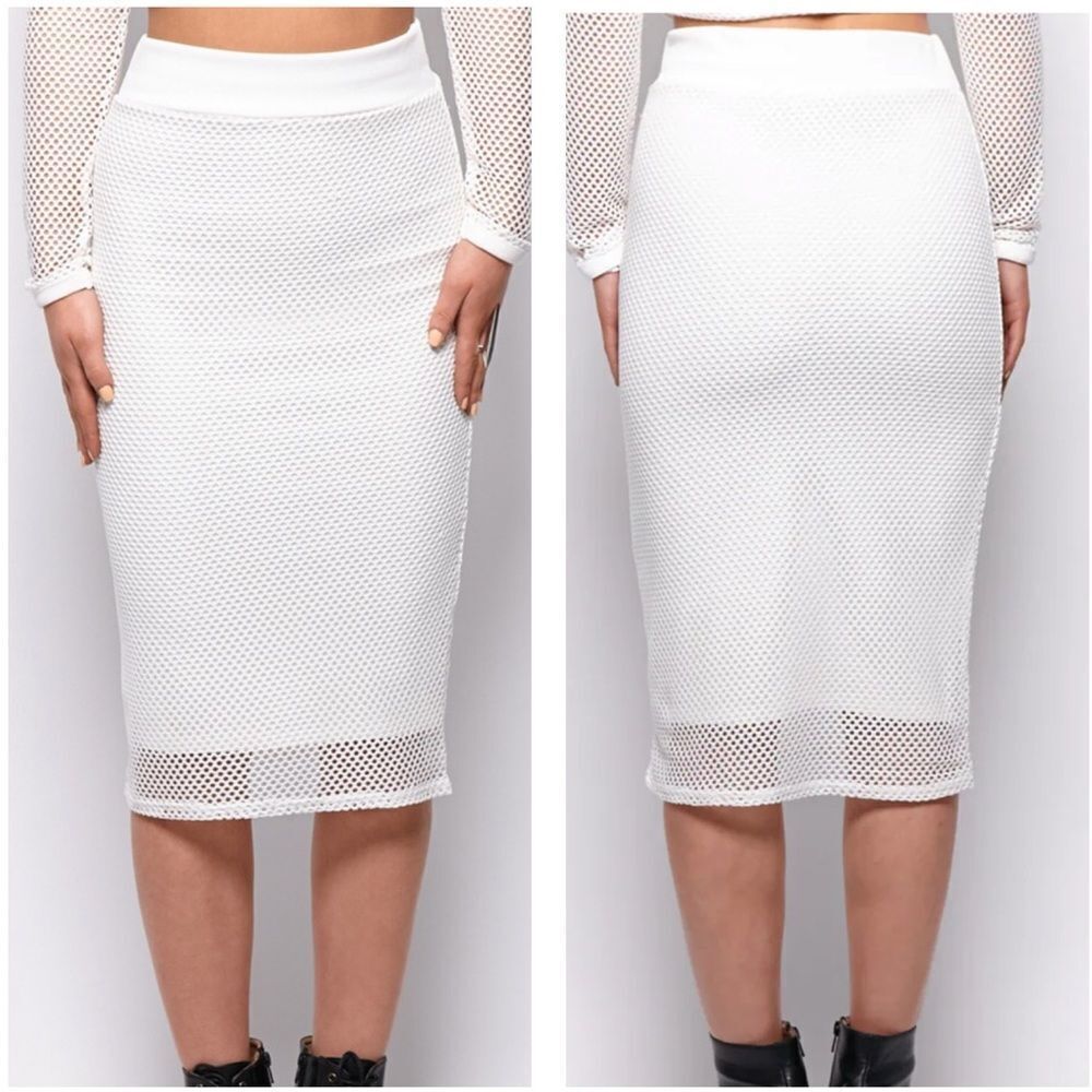 1.State White Fishnet Midi Pencil Skirt